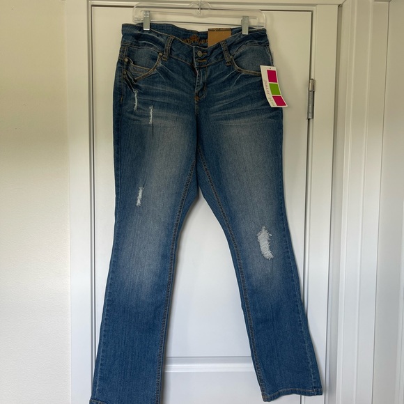 Y2K Blue distressed boot cut jeans with a medium wash and mid rise - Picture 3 of 7